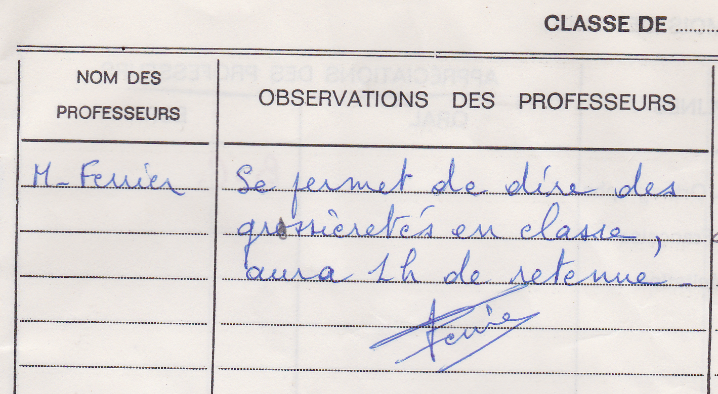 Une heure de colle, photo du carnet de correspondance